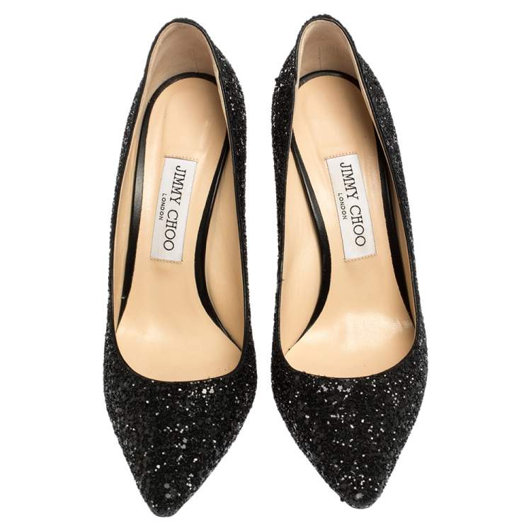 Pre Owned Jimmy Choo Black Coarse Glitter Romy Pointed Toe Pumps Size 38.5
