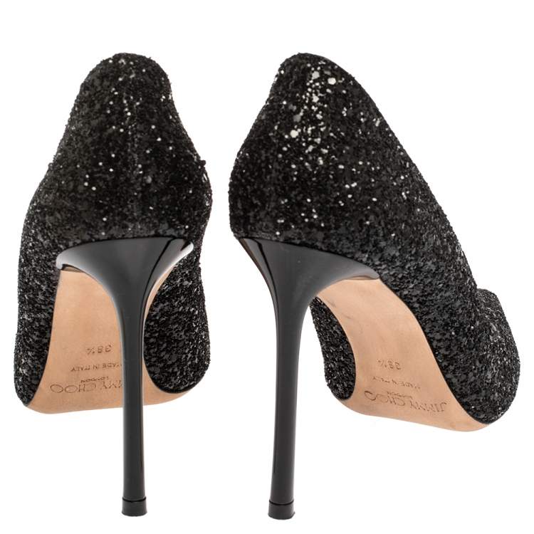 Pre Owned Jimmy Choo Black Coarse Glitter Romy Pointed Toe Pumps Size 38.5