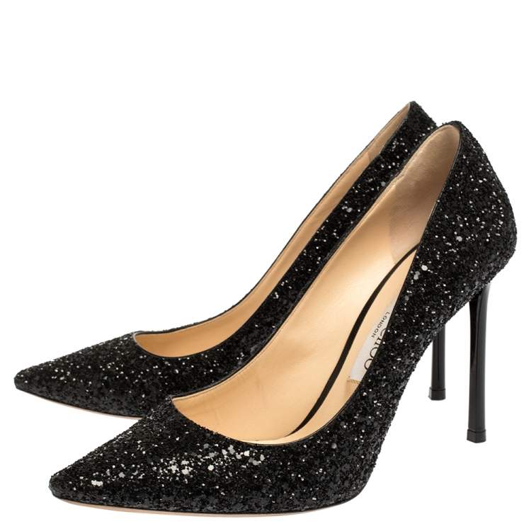 Pre Owned Jimmy Choo Black Coarse Glitter Romy Pointed Toe Pumps Size 38.5