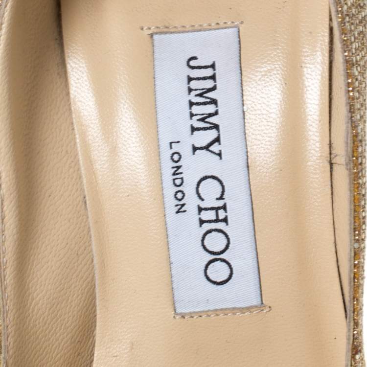 Pre Owned Jimmy Choo Gold Glitter Fabric And Embossed Leather Eros Platform Pumps Size 38