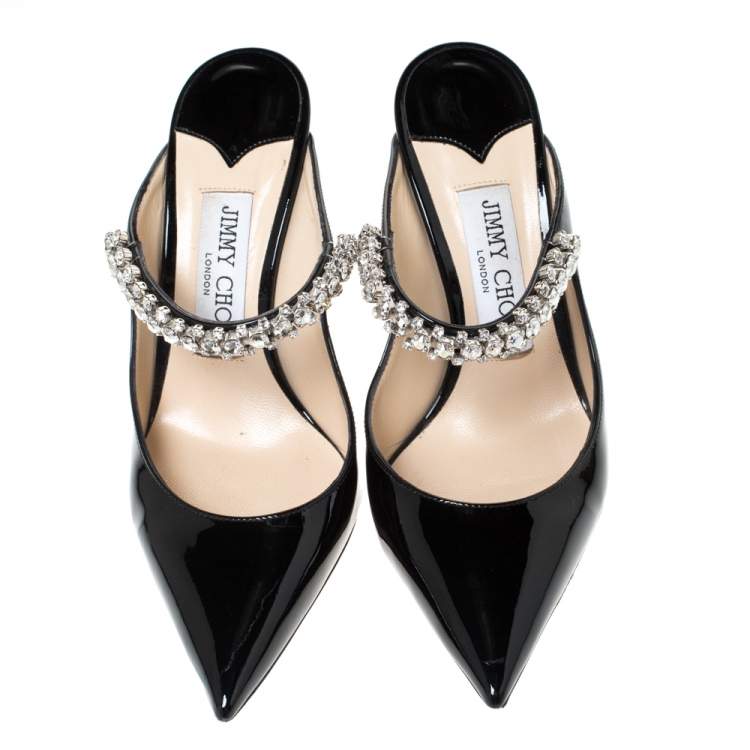 Pre Owned Jimmy Choo Black Patent Leather Crystal Embellished Bing Mule Sandals Size 35.5
