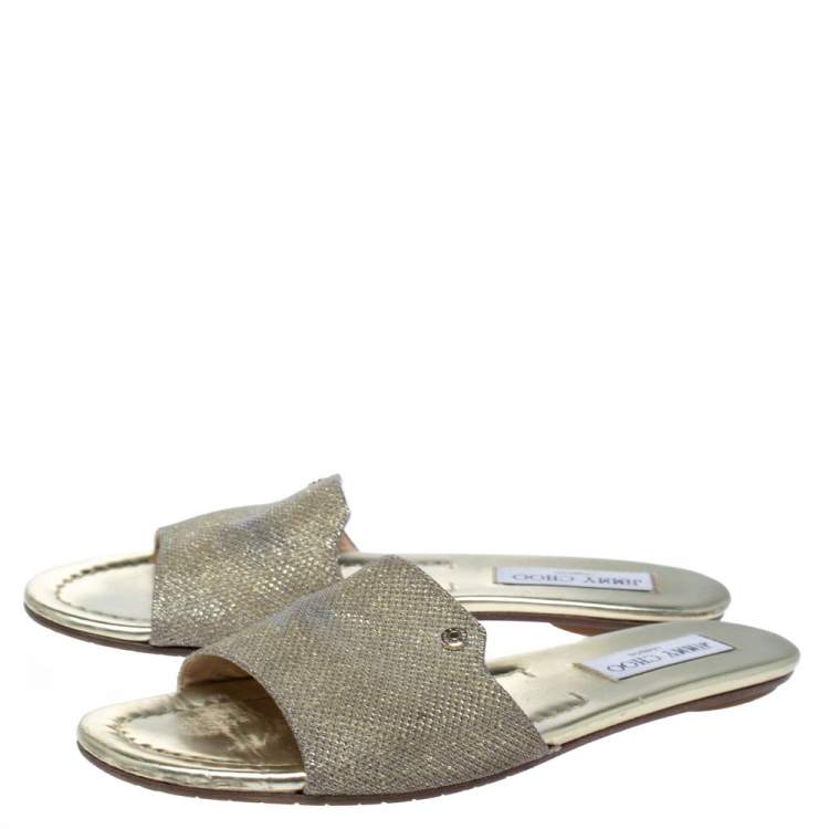 Pre Owned Jimmy Choo Metallic Gold Glitter Fabric Nanda Flat Slides Size 38