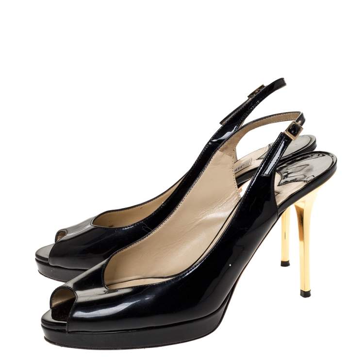 Pre Owned Jimmy Choo Black Patent Nova Peep Toe Platform Slingback Sandals Size 38