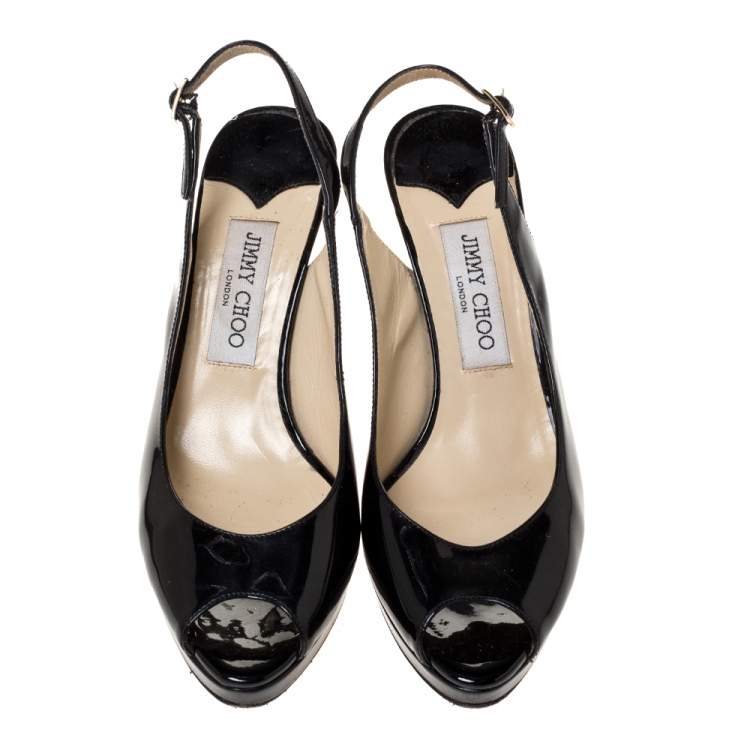 Pre Owned Jimmy Choo Black Patent Nova Peep Toe Platform Slingback Sandals Size 38