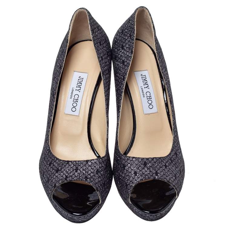Pre Owned Jimmy Choo Black Lace Glitter Luna Peep Toe Platform Pumps Size 40