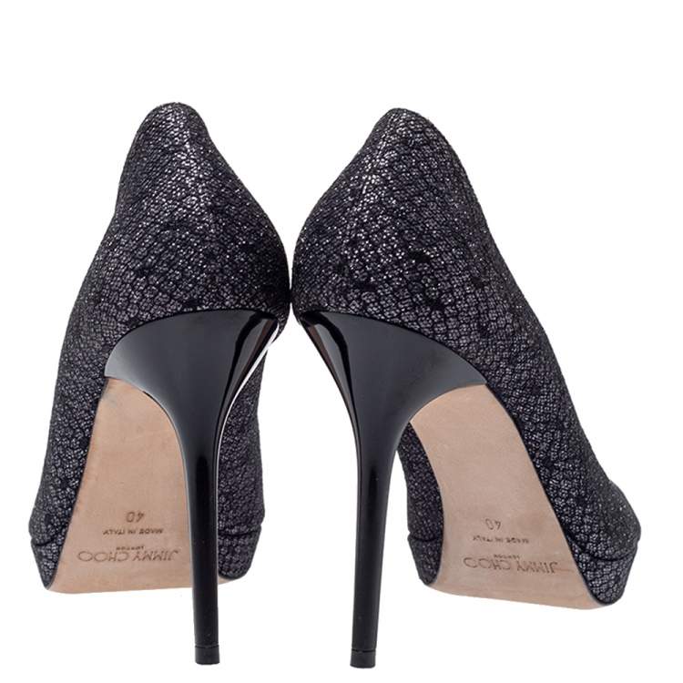 Pre Owned Jimmy Choo Black Lace Glitter Luna Peep Toe Platform Pumps Size 40