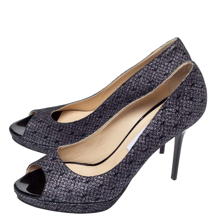 Pre Owned Jimmy Choo Black Lace Glitter Luna Peep Toe Platform Pumps Size 40