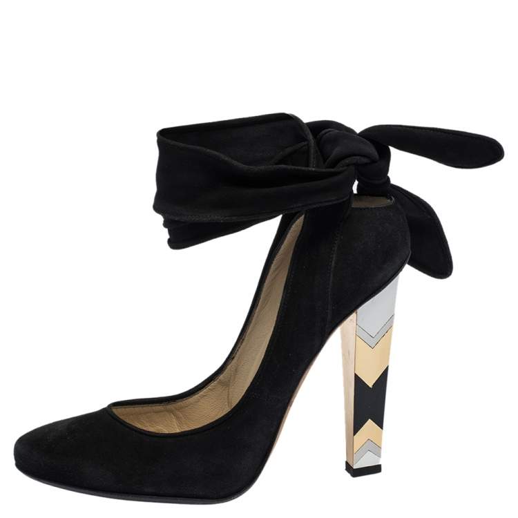Pre Owned Jimmy Choo Black Suede Ankle Wrap Round Toe Pumps Size 39.5