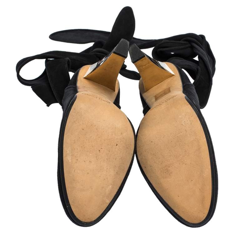 Pre Owned Jimmy Choo Black Suede Ankle Wrap Round Toe Pumps Size 39.5