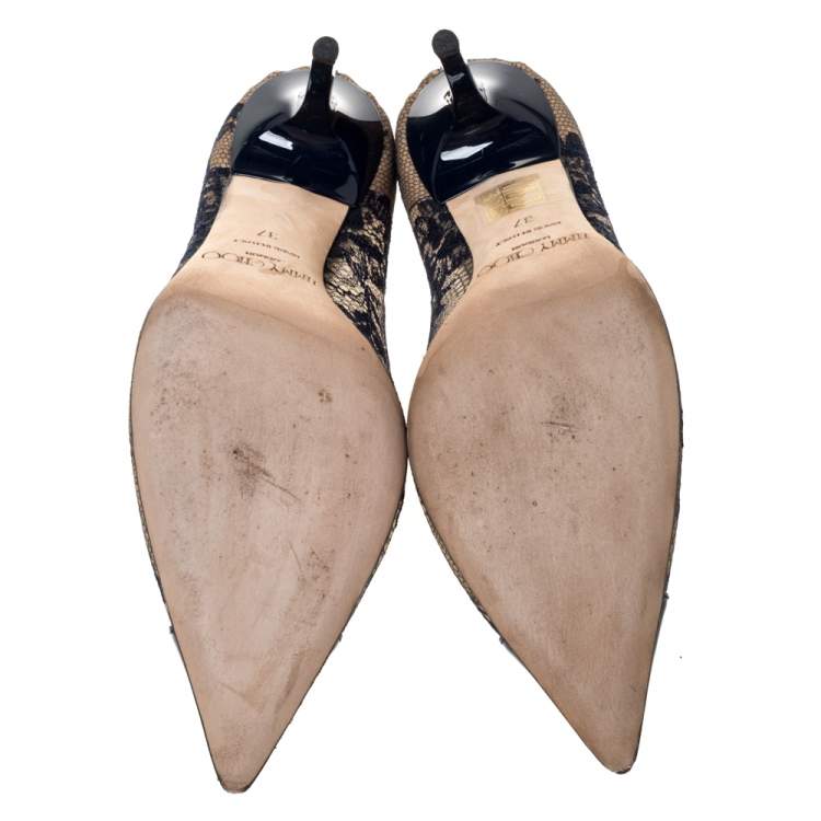 Pre Owned Jimmy Choo Blue Lace and Patent Amika Cap Toe Pointed Pumps Size 37