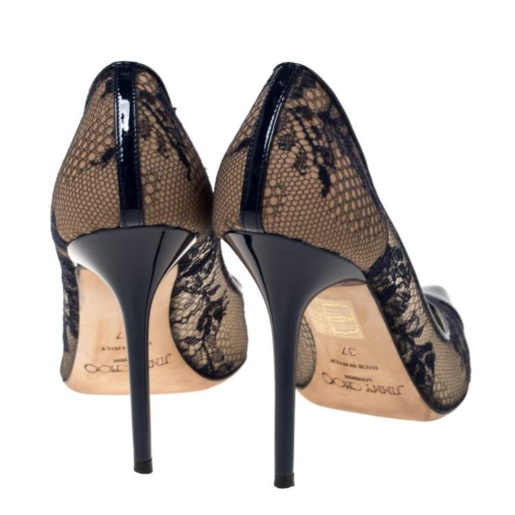 Pre Owned Jimmy Choo Blue Lace and Patent Amika Cap Toe Pointed Pumps Size 37
