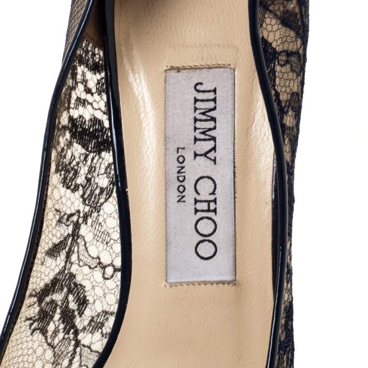 Pre Owned Jimmy Choo Blue Lace and Patent Amika Cap Toe Pointed Pumps Size 37