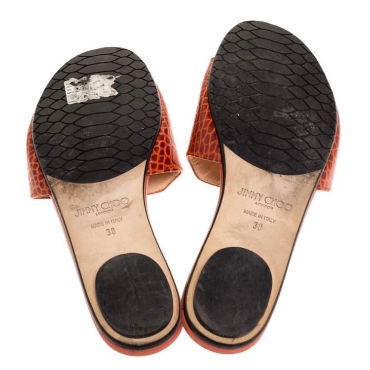 Pre Owned Jimmy Choo Dark Orange Croc Embossed Leather Nanda Flat Slides Size 38