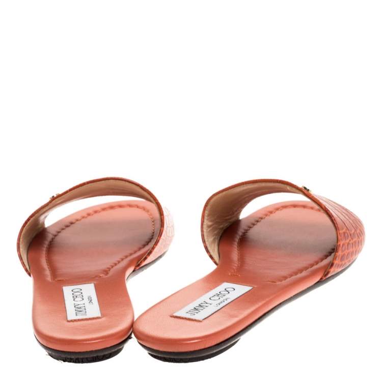 Pre Owned Jimmy Choo Dark Orange Croc Embossed Leather Nanda Flat Slides Size 38
