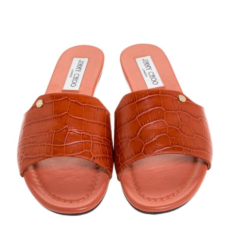 Pre Owned Jimmy Choo Dark Orange Croc Embossed Leather Nanda Flat Slides Size 38