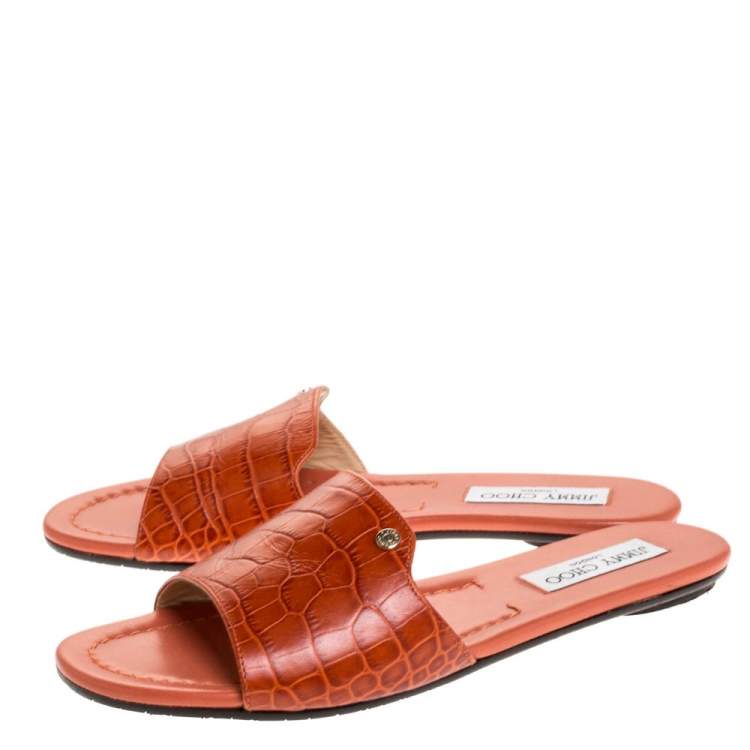 Pre Owned Jimmy Choo Dark Orange Croc Embossed Leather Nanda Flat Slides Size 38