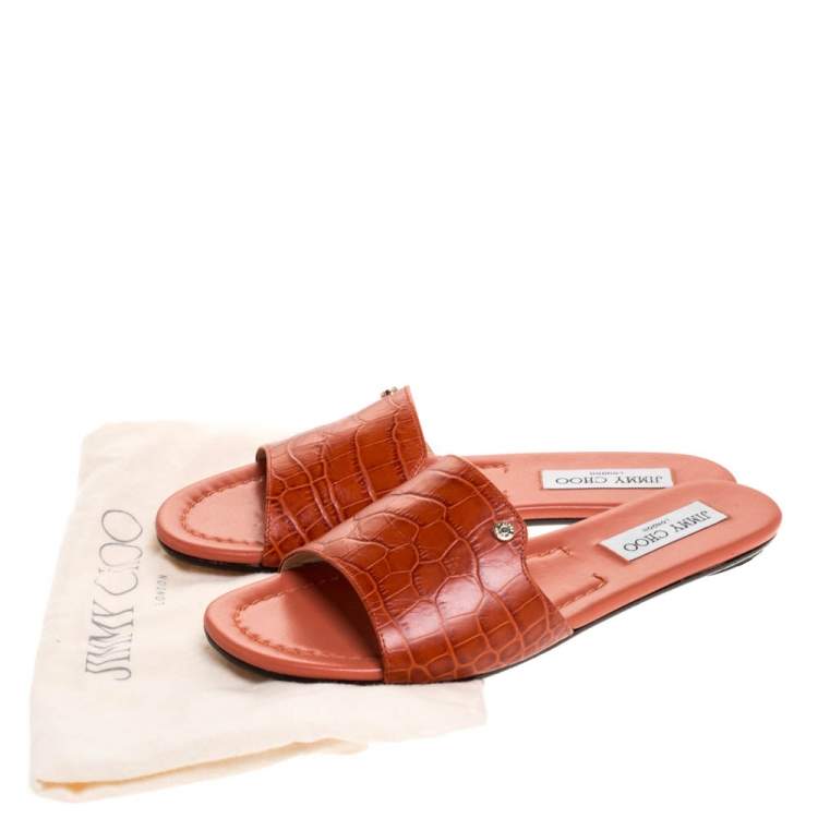 Pre Owned Jimmy Choo Dark Orange Croc Embossed Leather Nanda Flat Slides Size 38