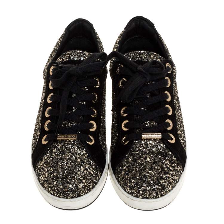 Pre Owned Jimmy Choo Black/Gold Glitter And Suede Leather Low Top Sneakers Size 37