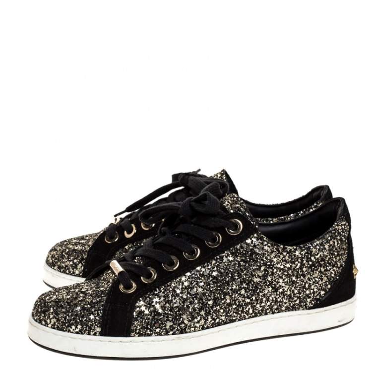 Pre Owned Jimmy Choo Black/Gold Glitter And Suede Leather Low Top Sneakers Size 37