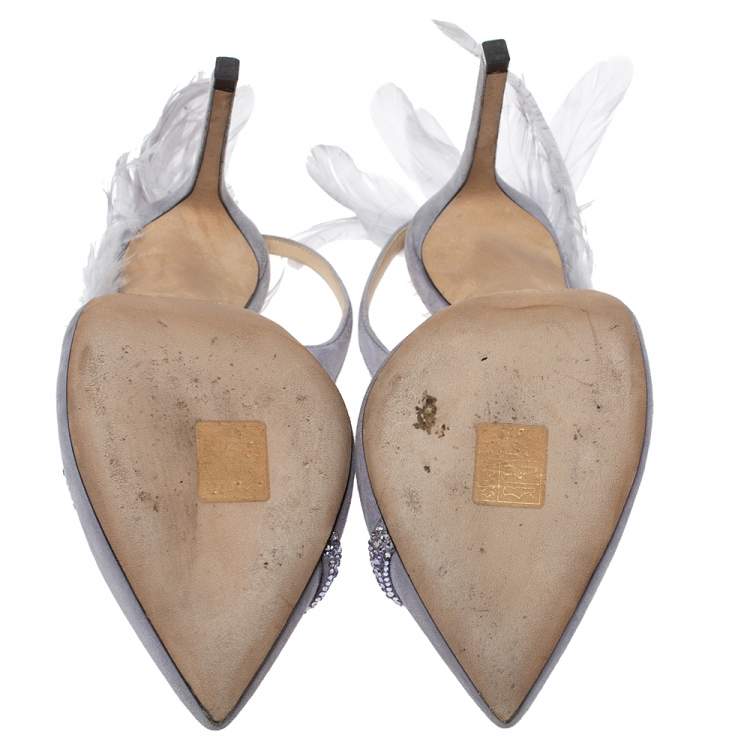 Pre Owned Jimmy Choo Lilac Suede Feather And Crystal Embellished Tacey Slingback Pumps Size 38