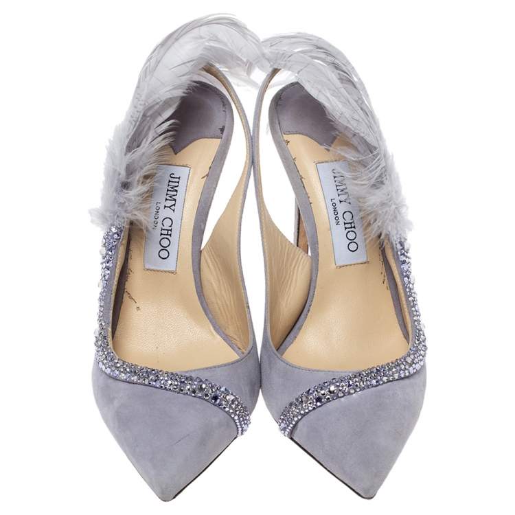 Pre Owned Jimmy Choo Lilac Suede Feather And Crystal Embellished Tacey Slingback Pumps Size 38