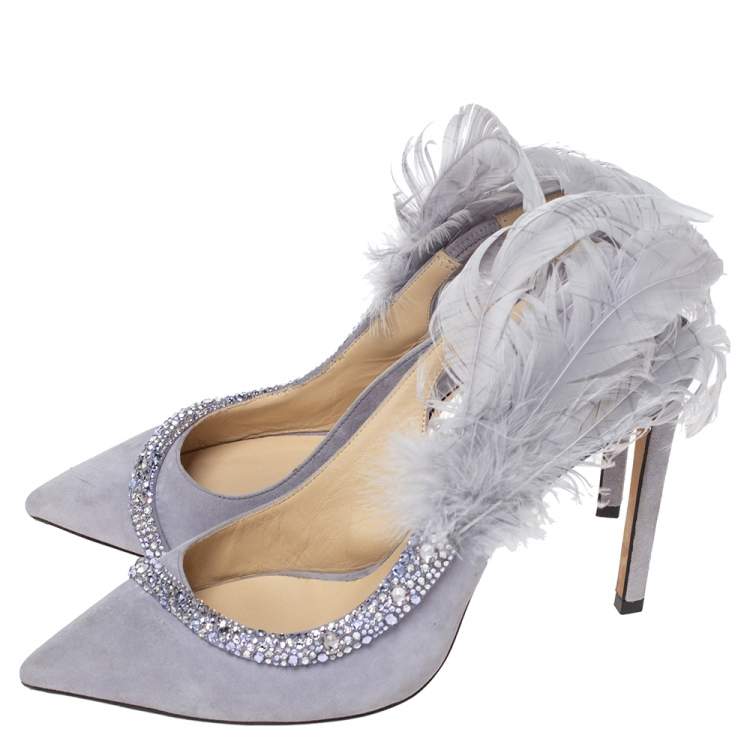 Pre Owned Jimmy Choo Lilac Suede Feather And Crystal Embellished Tacey Slingback Pumps Size 38