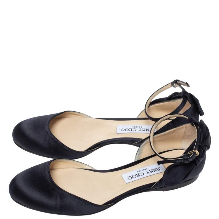 Pre Owned Jimmy Choo Black Satin Kirsty Bow Ankle Strap Ballet Flat Size 37.5