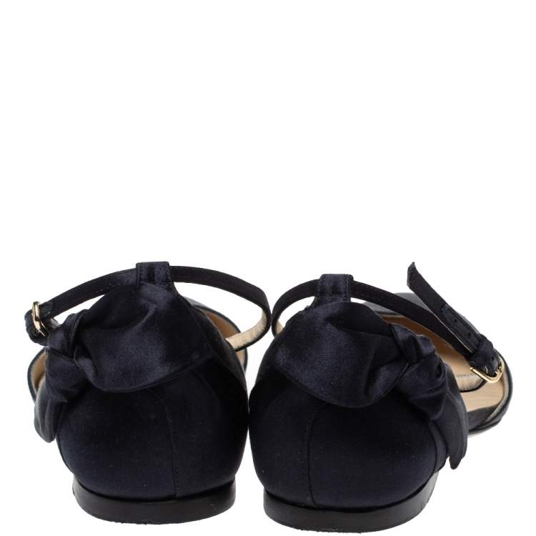 Pre Owned Jimmy Choo Black Satin Kirsty Bow Ankle Strap Ballet Flat Size 37.5