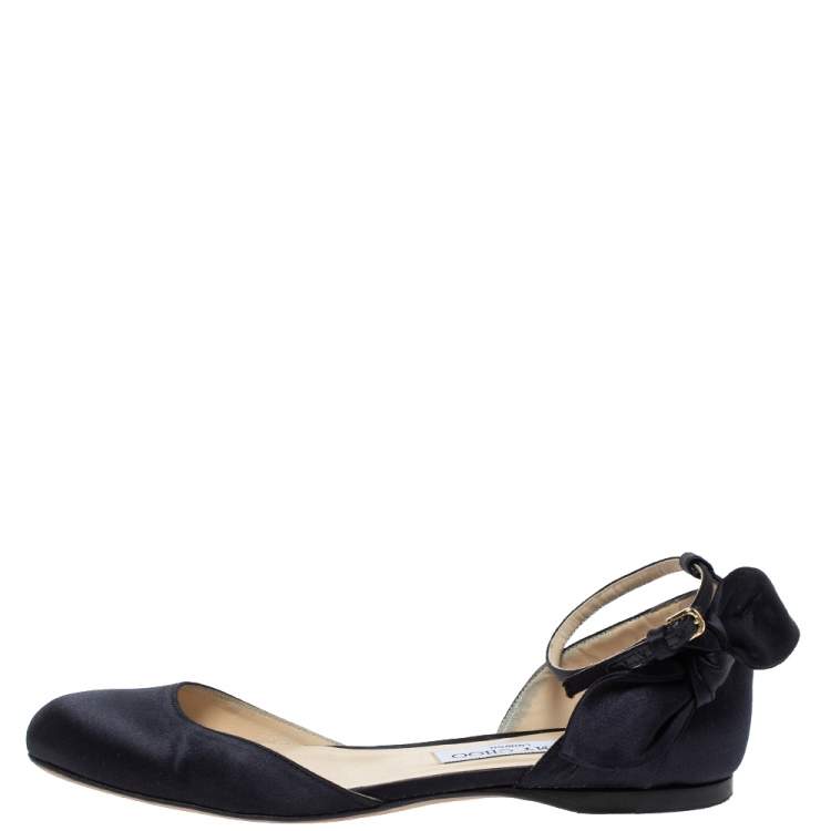 Pre Owned Jimmy Choo Black Satin Kirsty Bow Ankle Strap Ballet Flat Size 37.5