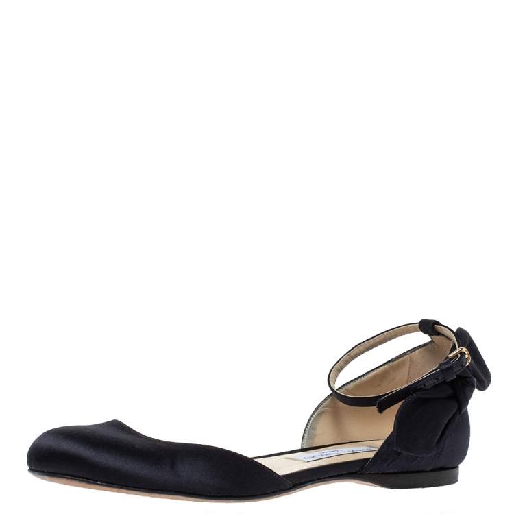 Pre Owned Jimmy Choo Black Satin Kirsty Bow Ankle Strap Ballet Flat Size 37.5