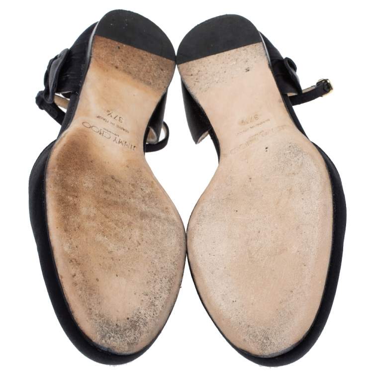 Pre Owned Jimmy Choo Black Satin Kirsty Bow Ankle Strap Ballet Flat Size 37.5