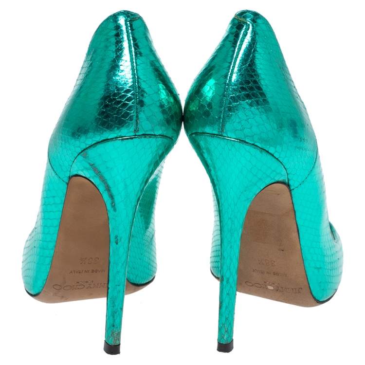 Pre Owned Jimmy Choo Metallic Python Embossed Leather Abel Pointed Pumps Size 38.5