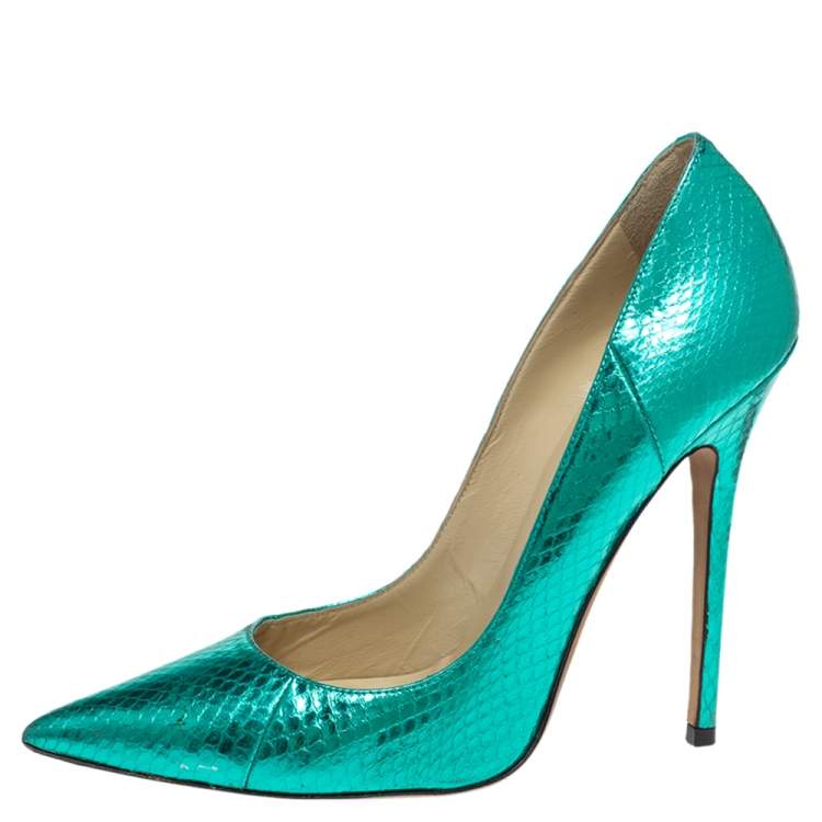 Pre Owned Jimmy Choo Metallic Python Embossed Leather Abel Pointed Pumps Size 38.5