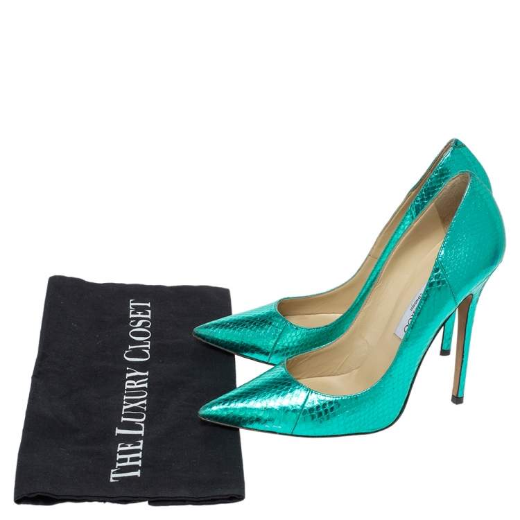 Pre Owned Jimmy Choo Metallic Python Embossed Leather Abel Pointed Pumps Size 38.5