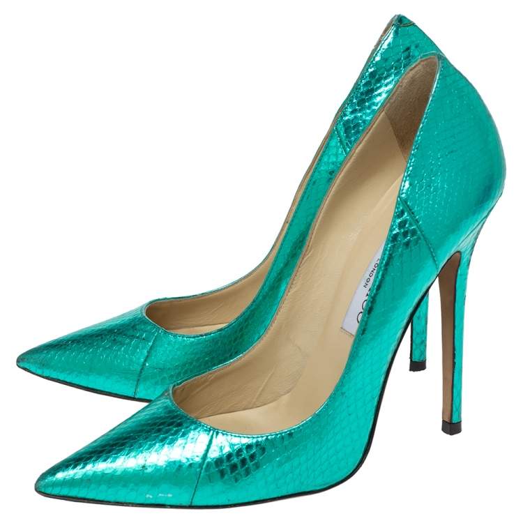 Pre Owned Jimmy Choo Metallic Python Embossed Leather Abel Pointed Pumps Size 38.5