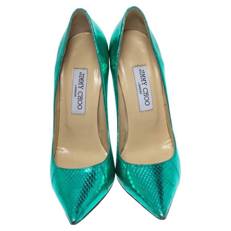 Pre Owned Jimmy Choo Metallic Python Embossed Leather Abel Pointed Pumps Size 38.5
