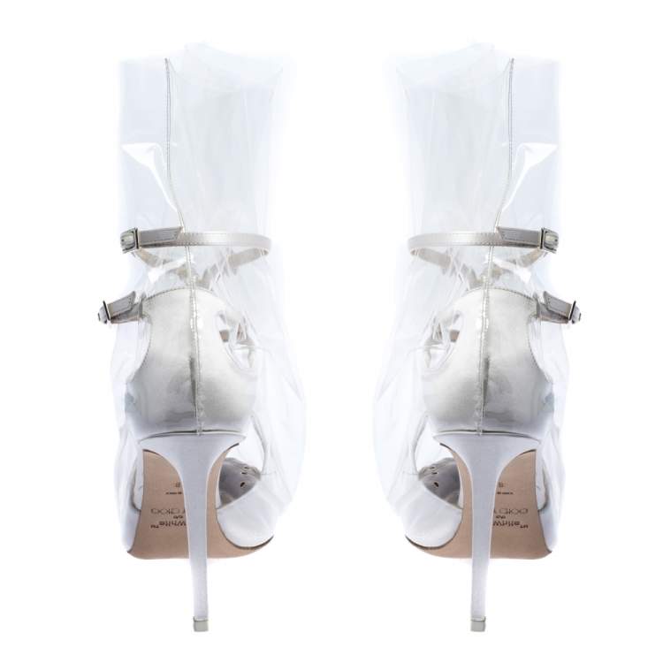 Pre Owned Jimmy Choo X OFF-WHITE Pearl White/Clear Satin and TPU Claire Pointed Toe Pumps Size 38