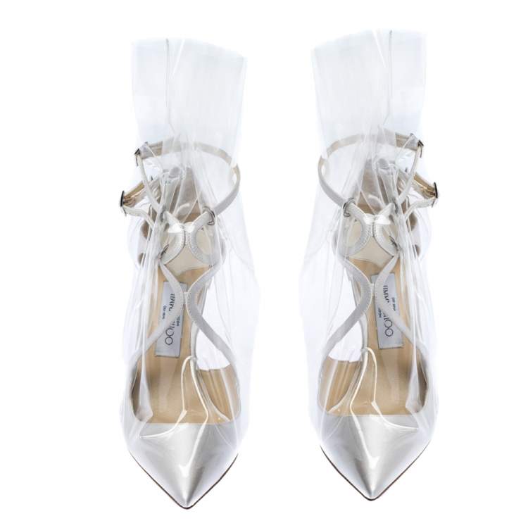 Pre Owned Jimmy Choo X OFF-WHITE Pearl White/Clear Satin and TPU Claire Pointed Toe Pumps Size 38