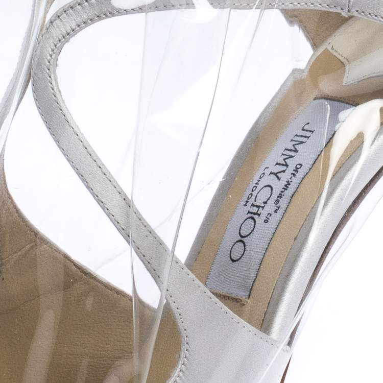 Pre Owned Jimmy Choo X OFF-WHITE Pearl White/Clear Satin and TPU Claire Pointed Toe Pumps Size 38