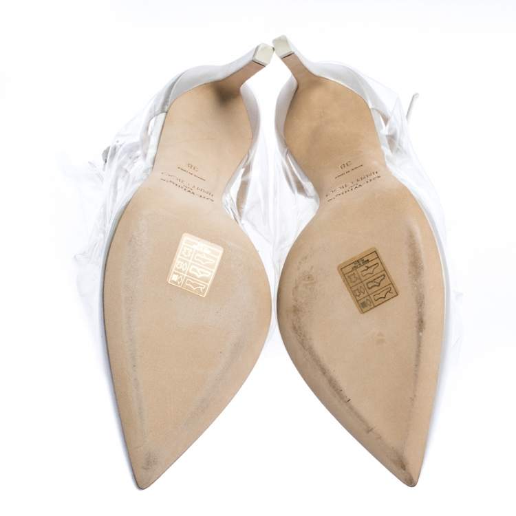 Pre Owned Jimmy Choo X OFF-WHITE Pearl White/Clear Satin and TPU Claire Pointed Toe Pumps Size 38