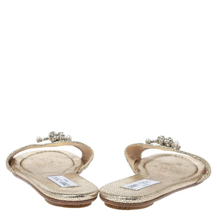 Pre Owned Jimmy Choo Gold Glitter Fabric Crystal Embellished Flat Slides Size 38