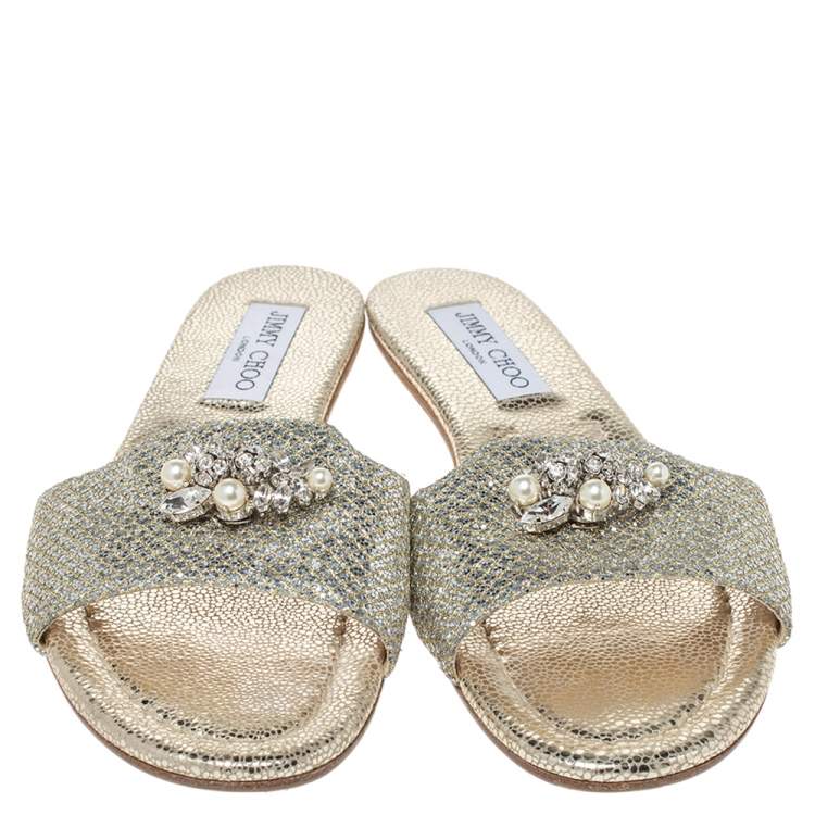 Pre Owned Jimmy Choo Gold Glitter Fabric Crystal Embellished Flat Slides Size 38