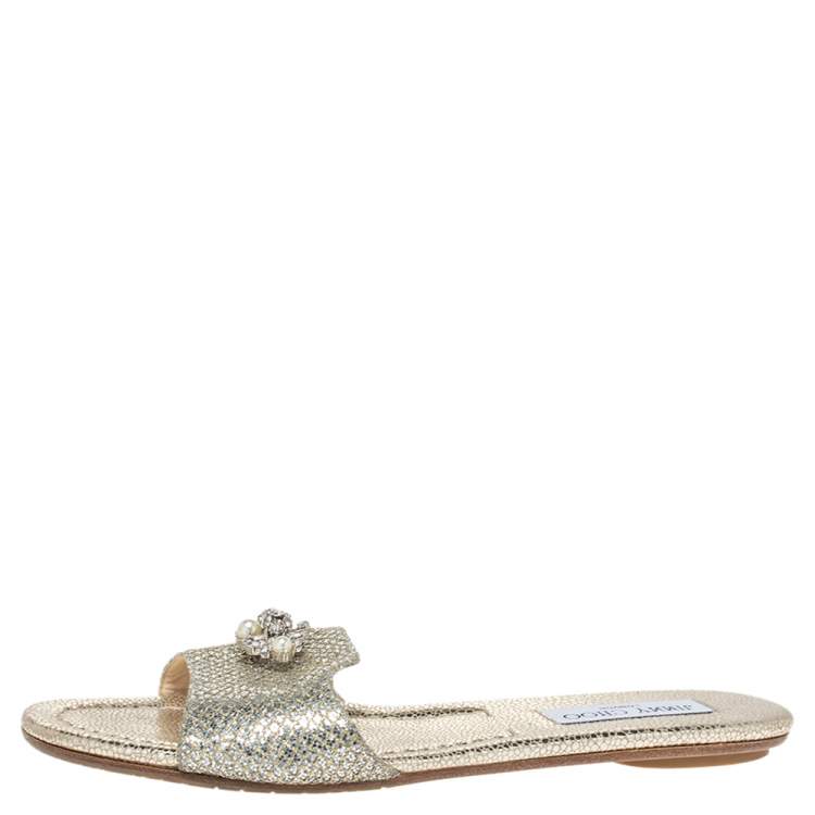 Pre Owned Jimmy Choo Gold Glitter Fabric Crystal Embellished Flat Slides Size 38