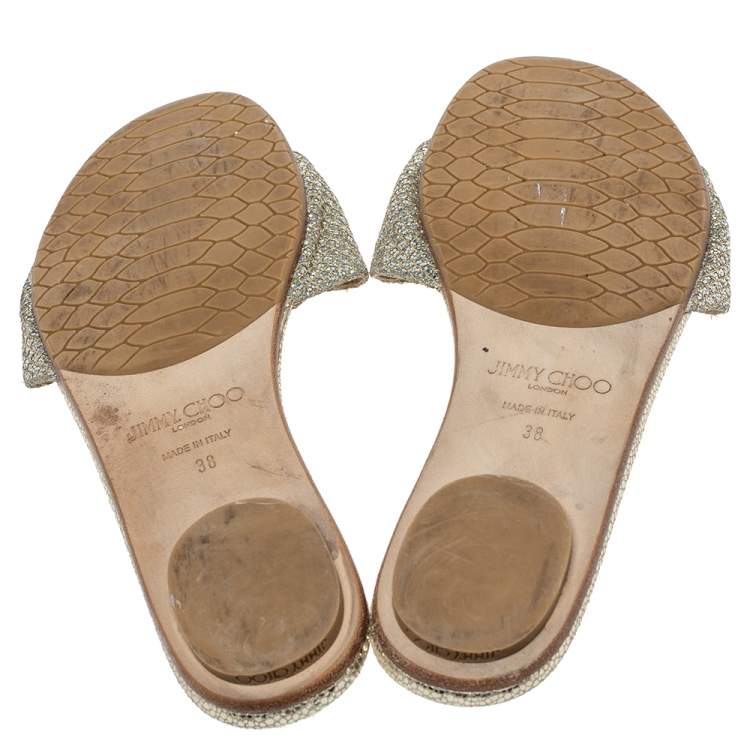 Pre Owned Jimmy Choo Gold Glitter Fabric Crystal Embellished Flat Slides Size 38