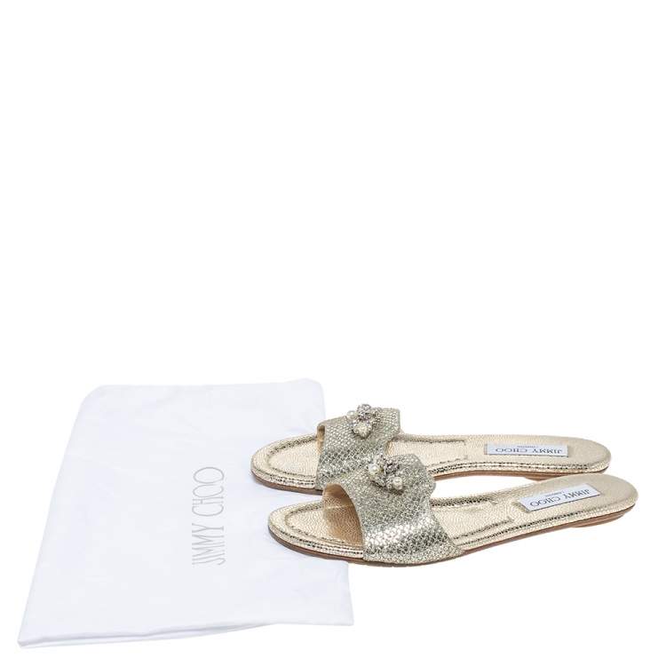 Pre Owned Jimmy Choo Gold Glitter Fabric Crystal Embellished Flat Slides Size 38