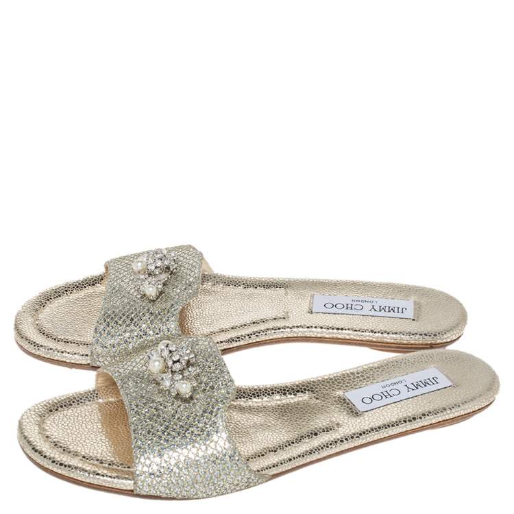 Pre Owned Jimmy Choo Gold Glitter Fabric Crystal Embellished Flat Slides Size 38