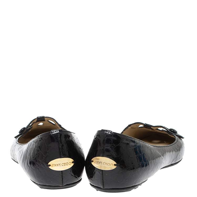 Pre Owned Jimmy Choo Black Python Print Patent Leather Laser Cut Ballet Flats Size 36.5