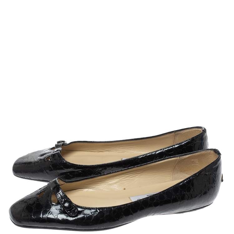 Pre Owned Jimmy Choo Black Python Print Patent Leather Laser Cut Ballet Flats Size 36.5