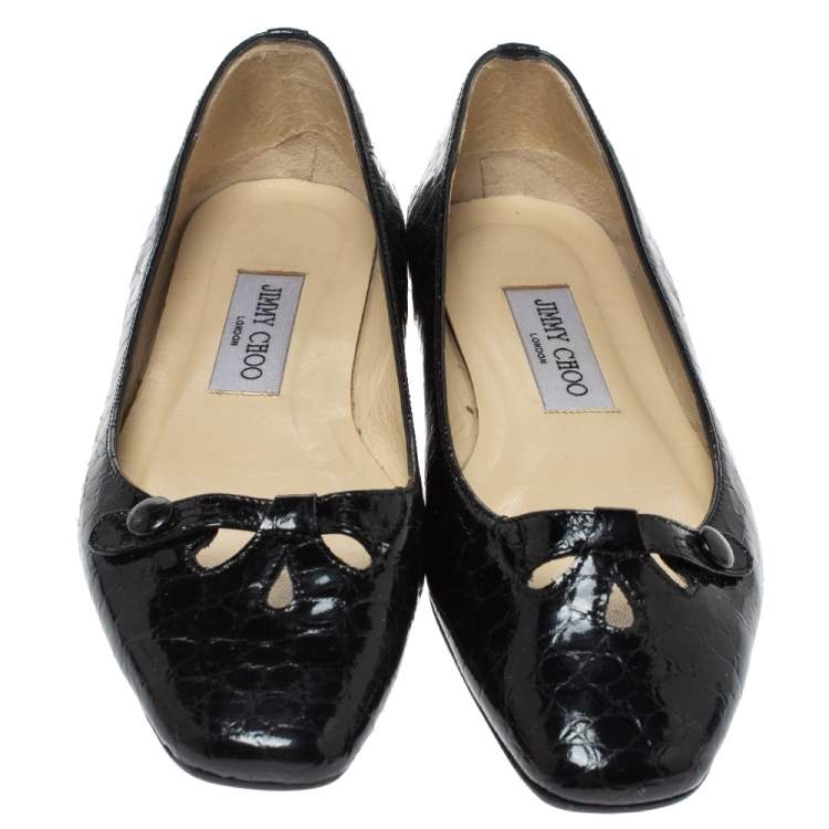 Pre Owned Jimmy Choo Black Python Print Patent Leather Laser Cut Ballet Flats Size 36.5