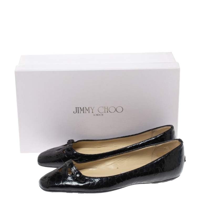 Pre Owned Jimmy Choo Black Python Print Patent Leather Laser Cut Ballet Flats Size 36.5